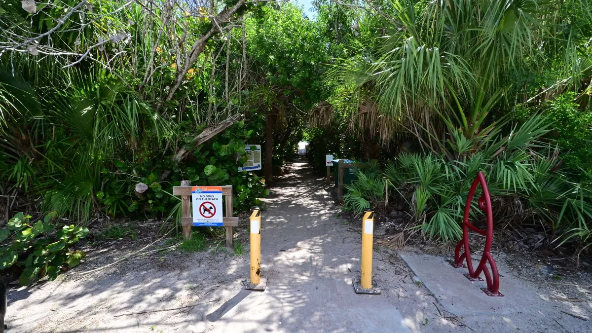A nature trailhead sign among the palms