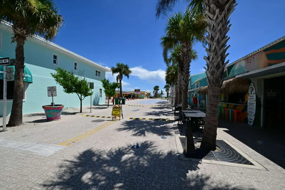 Palm-lined street with long morning shadows